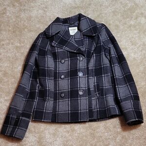 Old Navy Women's Checkered Peacoat - Black and Gray